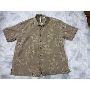 XIS Men’s XL Tropical Button Up Shirt Tan Palm Leaf Short Sleeve Resort.